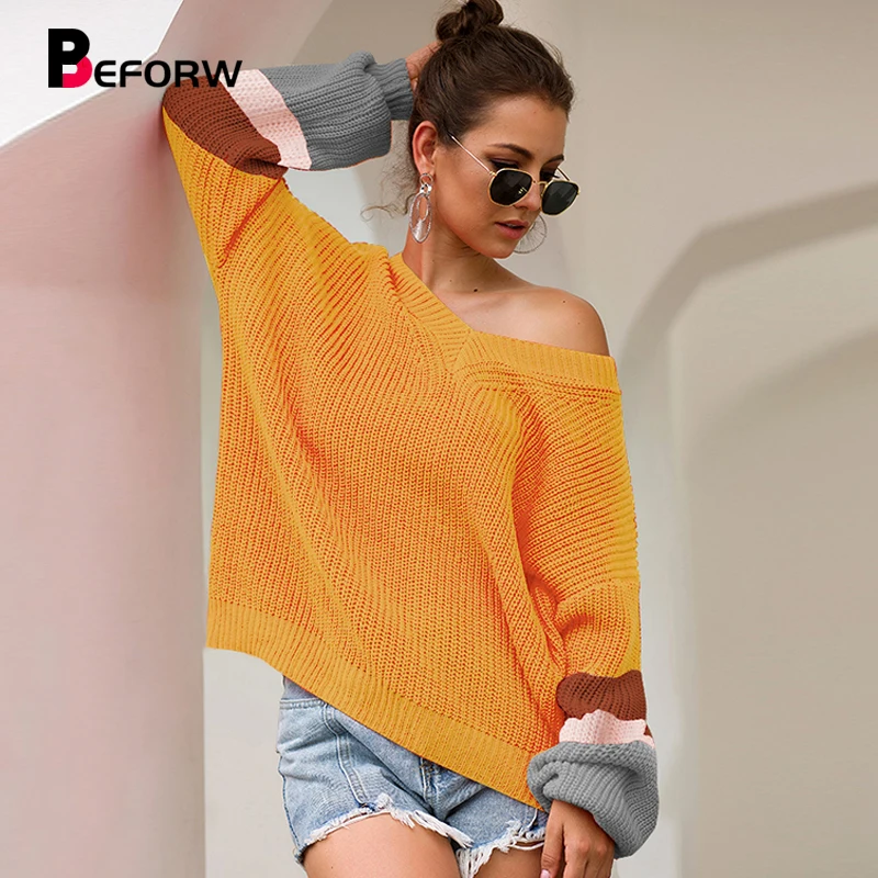 

BEFORW 2019 Fall Knitted Pullovers Sweater Women V-Neck Long Sleeve Loose Sweaters Tops Winter Casual Ladies Office Sweater