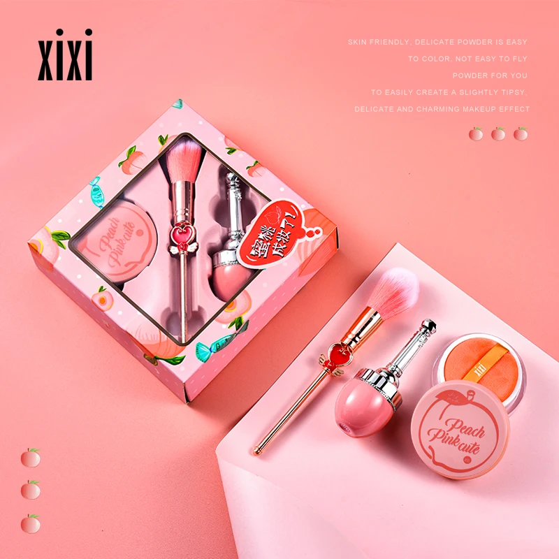 Xixi палитра для макияжа лица 3 шт. Румяна для лица Пудра Косметические кисти инструменты персиковый цвет для девочек подарочный набор для макияжа AC124