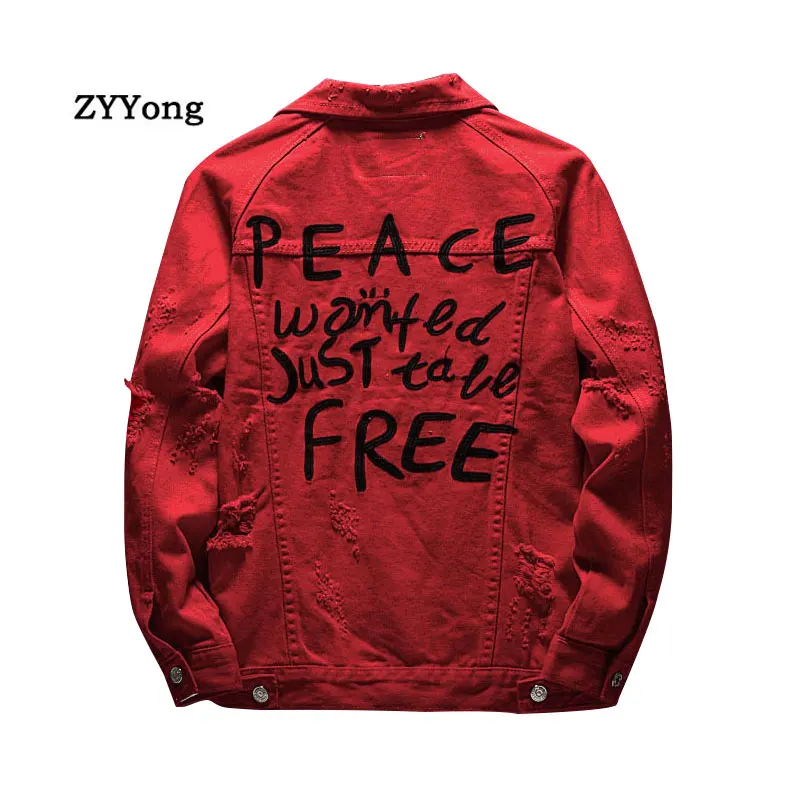 ZYYong Men's Letter Embroidery Red Denim Jacket Lapel Men's Holes Ripped Denim Coat Outerwear Fashion Casual Denim Jacket Men