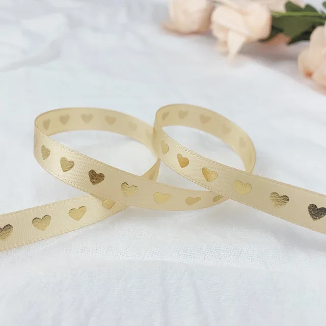 5 Yards 10mm Satin Ribbons Heart Pattern Printed Ribbon For Crafts DIY Bow Handmade Gift Wrap Party Wedding Christmas Decor Yellow