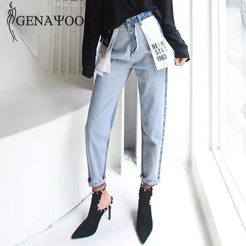 Genayooa High Waist Cotton Korean Blue Mom Jeans Women Pants Autumn Winter Letter Pocket Denim Boyfriend Jeans For Women Female Genayooa High Waist Cotton Korean Blue Mom Jeans Women Pants Autumn Winter Letter Pocket Denim Boyfriend Jeans For Women Female