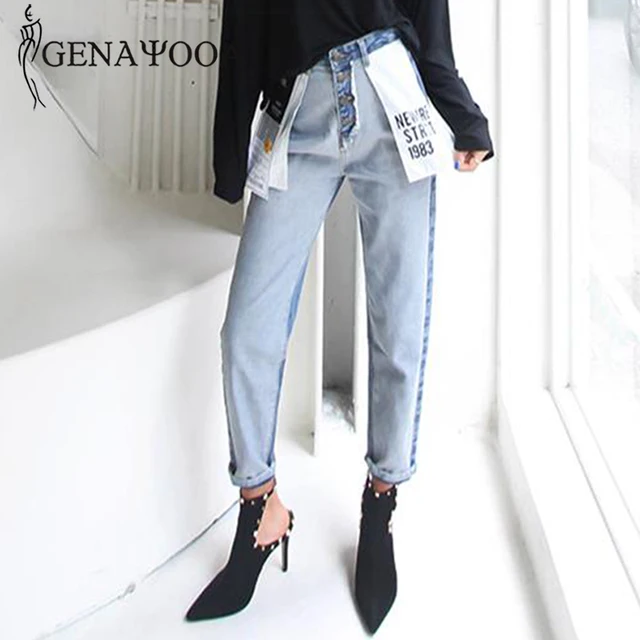 US $17.66 Genayooa High Waist Cotton Korean Blue Mom Jeans Women Pants Autumn Winter Letter Pocket Denim Boyf