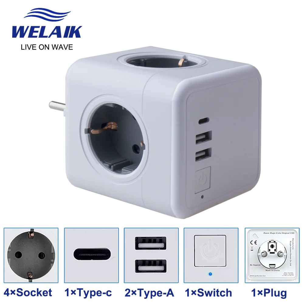 Электрическая розетка WELAIK 16 А европейская USB Type-C белая многофункциональная