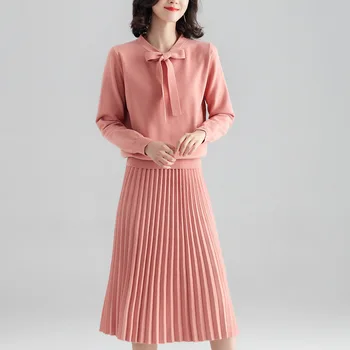 

2019 Fall Winter New Bow Knot tie up Long Sleeve Pullovers Top + Pleated Skirt Suit Knitted 2 Piece Sweater Sets 0904-135