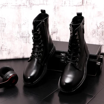 El diseñador británico casuales de los hombres de ropa punk negro botas de plataforma de cuero genuino zapatos streetwear moto botines hombre botas