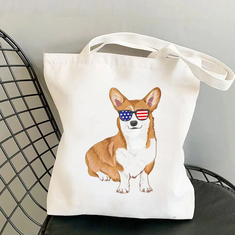 Shopper Corgi Cartoon Printed Kawaii Bag Harajuku women Shopping Bag Canvas Shopper Bag girl handbag Tote Bag Shoulder Lady Bag