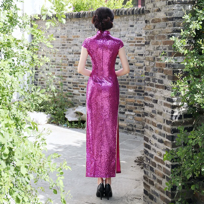 Китайский традиционный Чонсам лотоса блестки Cheongsam с коротким рукавом Cheongsam стройные Qipao показать Cheongsam Vestido плюс Размеры 5XL