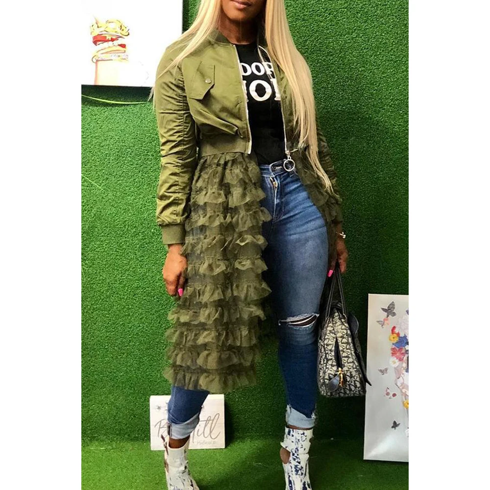 buy  2019 Autumn Fashion Women Lady Mesh Lace Splice Coats Long Sleeve Zipper Frill Tulle Tutu Long Jack