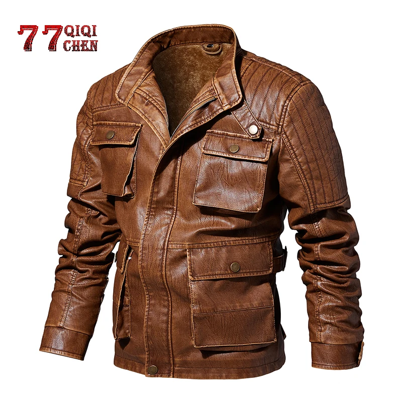 Толстая теплая мотоциклетная кожаная куртка для мужчин 2019 зимний винтажный воротник-стойка с несколькими карманами Дизайн флис мужской