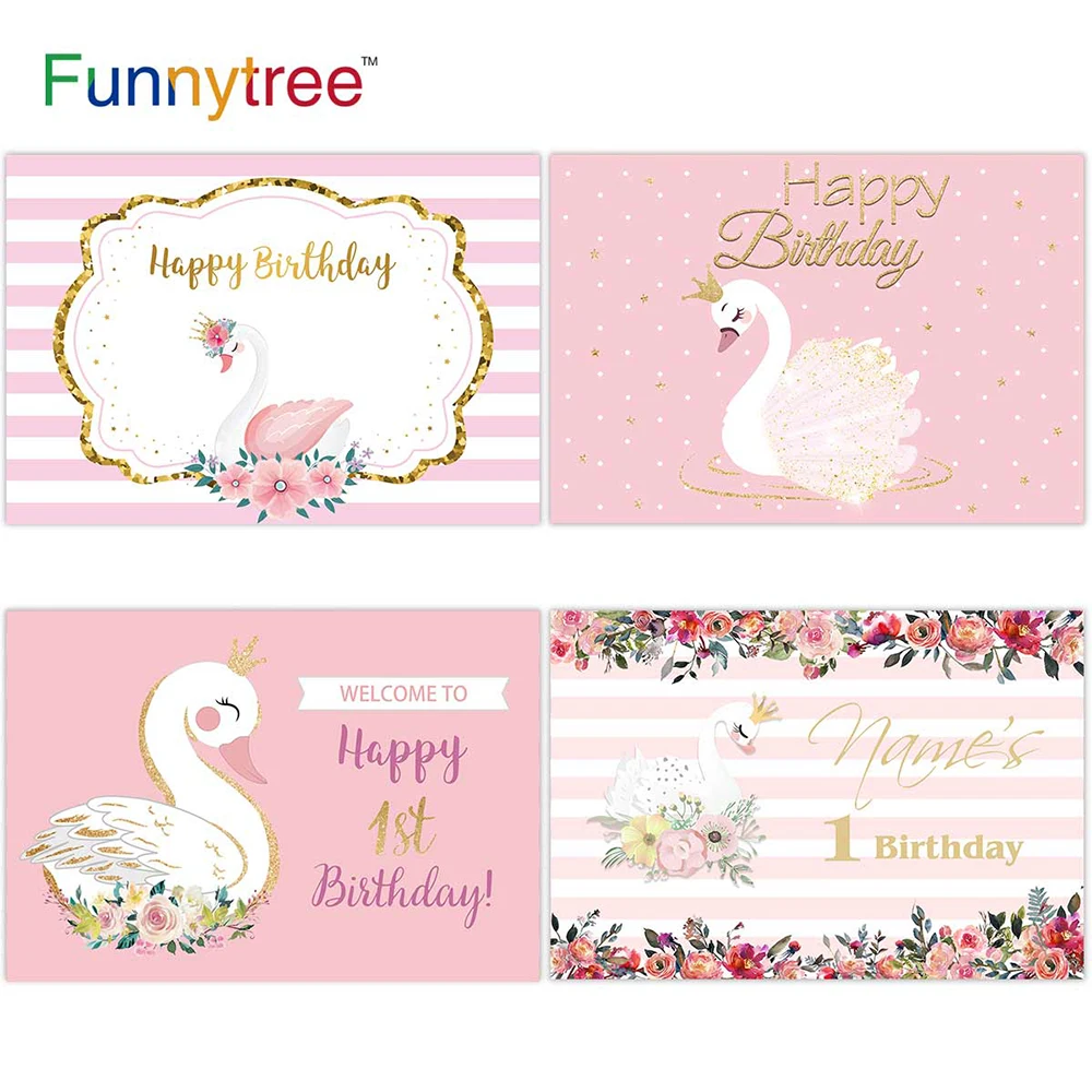 Funnytree Swan Pink Background Happy Birthday Baby Shower Newborn Welcome Party Fondali Photo Booth Per Photocall Decor