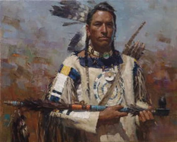 

Old painter, hand painted on canvas: primitive European and American residents, indigenous people holding old cigarette bags