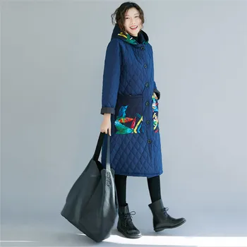 

2019 Winter new lady cotton and linen clothing large size loose national style color matching medium-long coat Female jacket 450