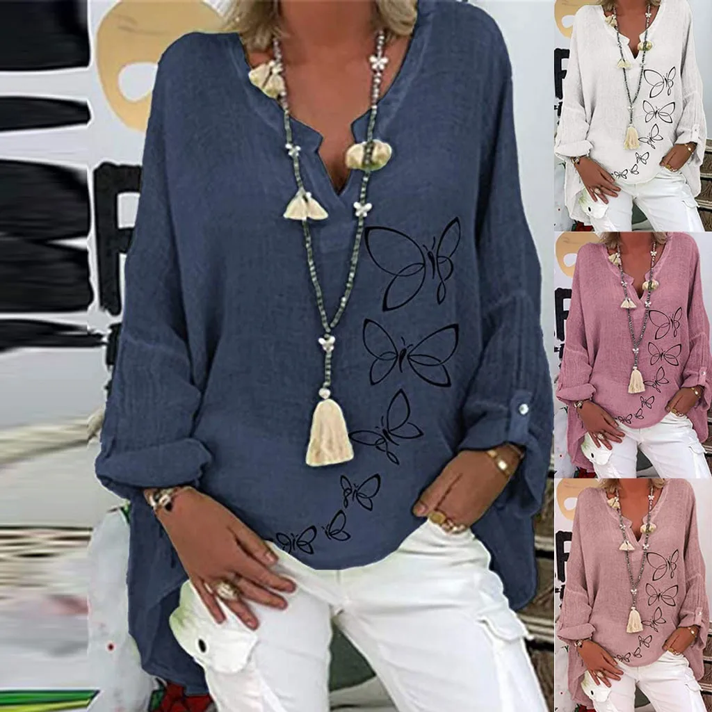 Blusa holgada informal con estampado de mariposa para primavera y verano, camisa de talla grande con cuello en V, manga larga, Estilo Vintage