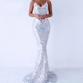 

Women Evening Dress Gold Sequins Spaghetti Strap Bodycon Dresses Sexy Deep V Neck Backless Long Dress Robe De Soiree Vestidos