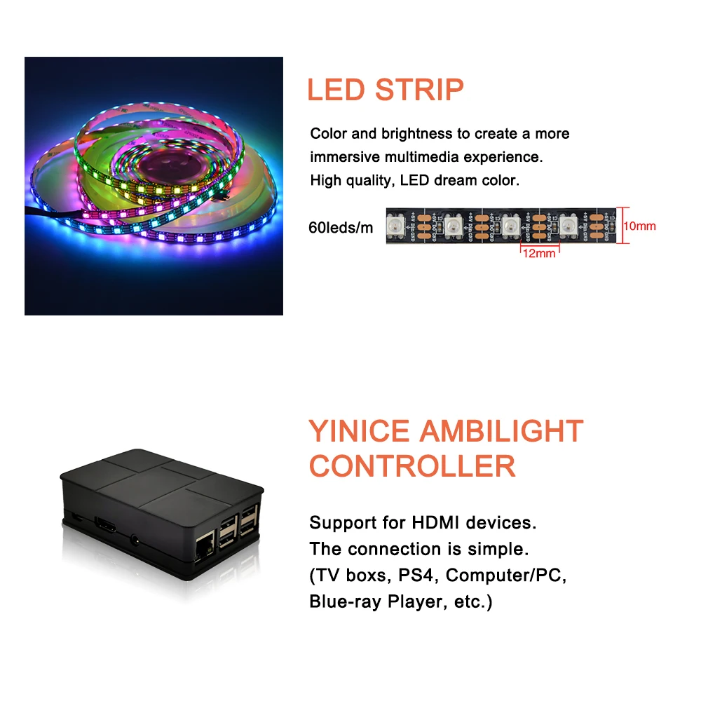 4K Ambilight LED TV Backlights kit LED TV Ambilight effect for TV HDMI sources Dynamic ambient light RGB color for 40"-80" TV