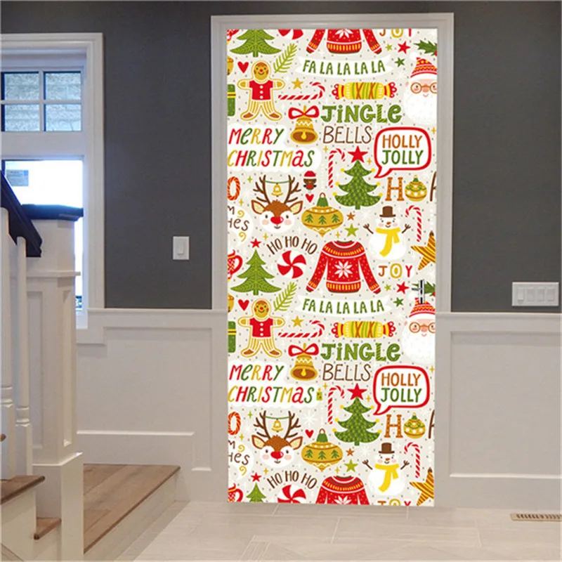 Снеговики, елки Декоративные наклейки на дверь самоклеющиеся обои для дверей гостиной спальни новогодние съемные наклейки