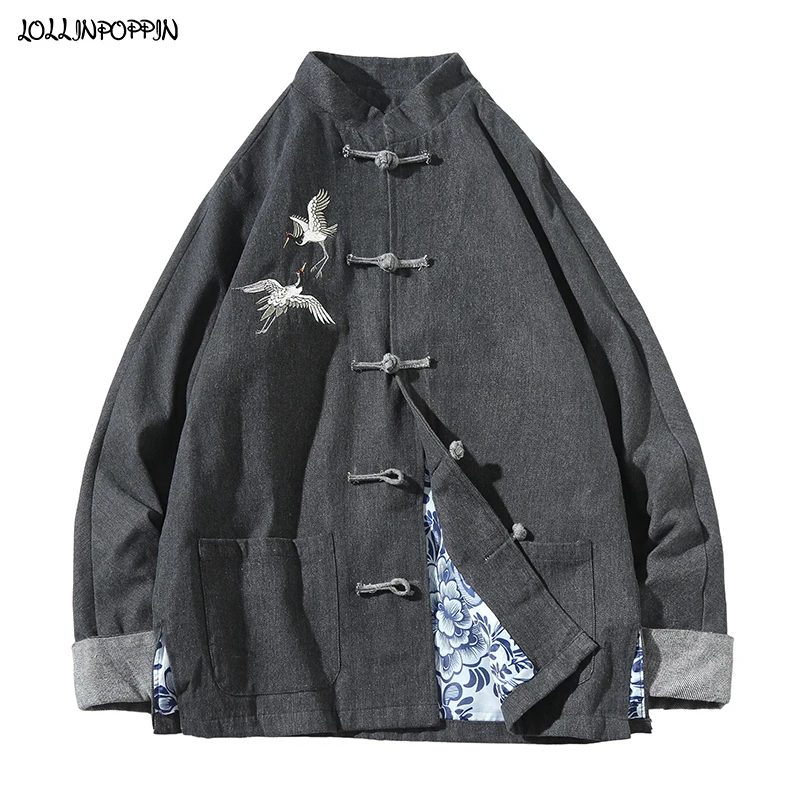 

Crane Embroidery Men Mandarin Collar Denim Jacket Frog Closure Single Breasted Printed Lining Mens Jean Jackets Outerwear