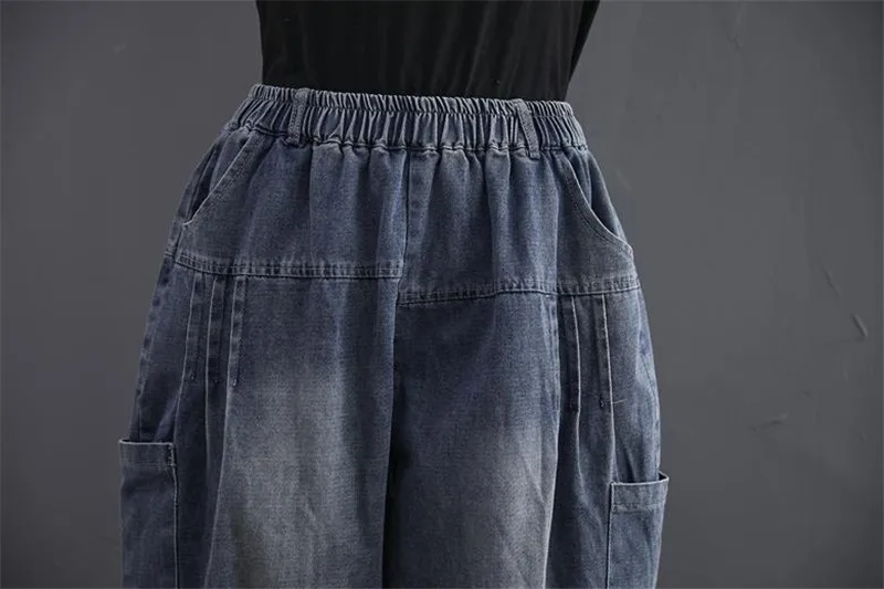 feminina solta, cintura elástica, jeans de 9