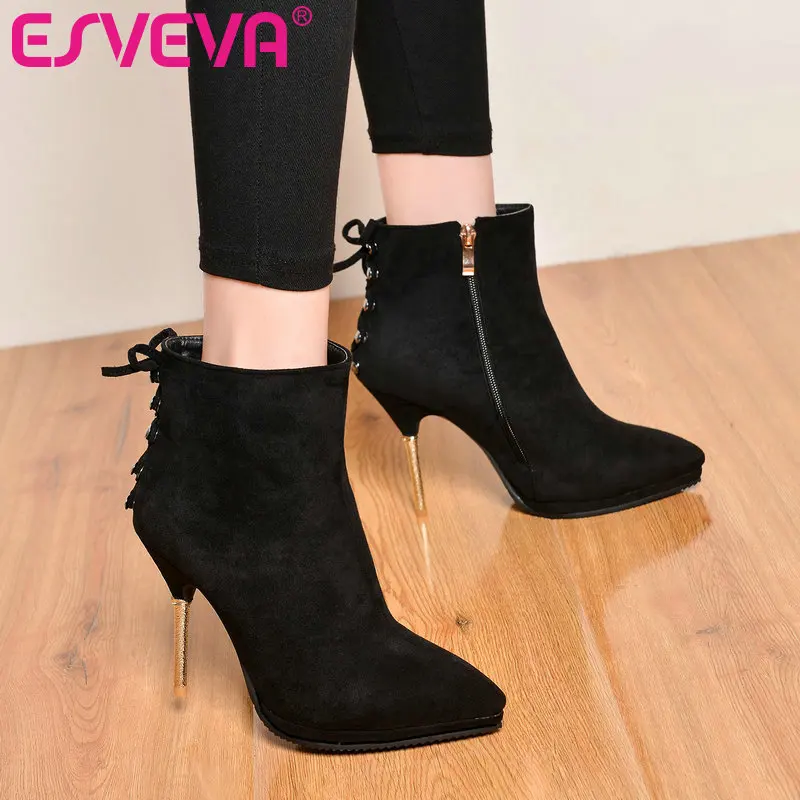 

ESVEVA 2020 Pointed Toe Zipper Ankle Boots PU Leather Fashion Platform Solid Western Style Thin High Heel Women Shoes Size 34-39