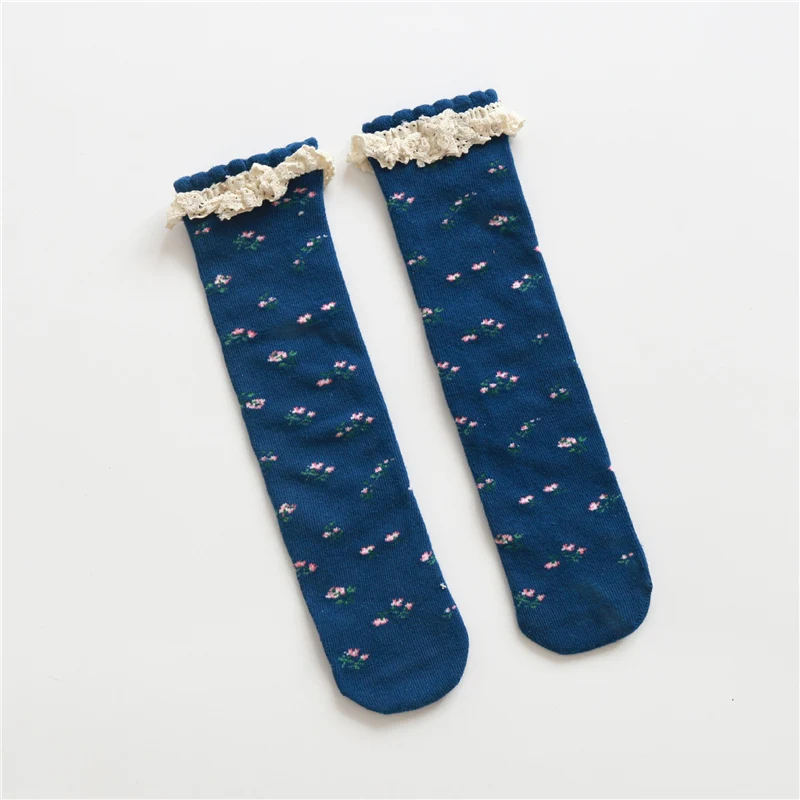 Dark Blue Носки для девочек кружевные носки с оборками Детские хлопковые носки в стиле Харадзюку в винтажном стиле с цветочным принтом в стиле ретро для детей, гольфы принцессы - Цвет: Dark Blue