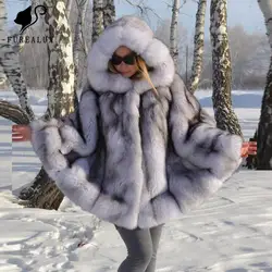 Женский палантин с капюшоном, зимняя куртка из натуральной кожи, Толстая теплая одежда ручной работы, пальто с мехом лисы синего цвета, на