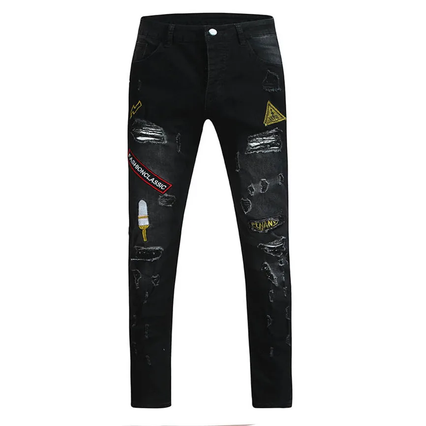 Джинсы мужские Весна мужская одежда состаренные джинсы Freyed Slim Fit повседневные брюки рваные, Стретч джинсы