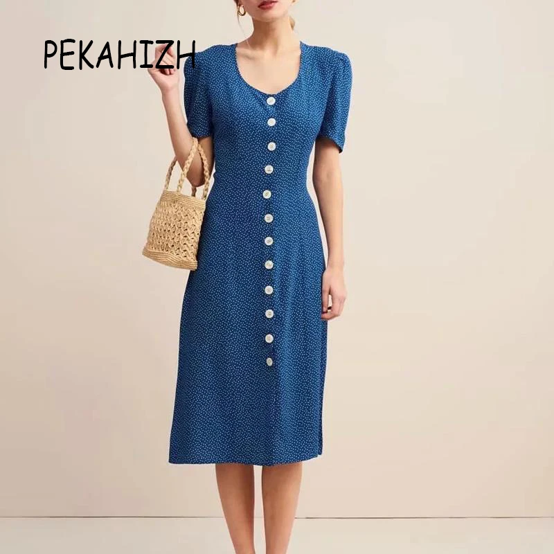 

Vintage boho floral midi dress elegant offices bow button casual dress sexy korean print fashion clothing Summer vestidos 2019