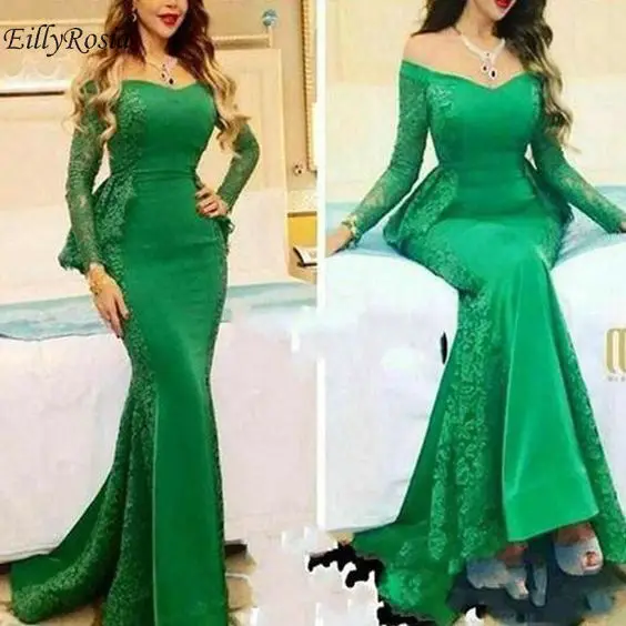 Green evening dress Зеленое арабское вечернее платье с длинным рукавом, кружевные аппликации с открытыми плечами, вечерние платья в стиле русалки, для мамы, жениха, либана, Дубаи, для женщин - Цвет: Green evening dress