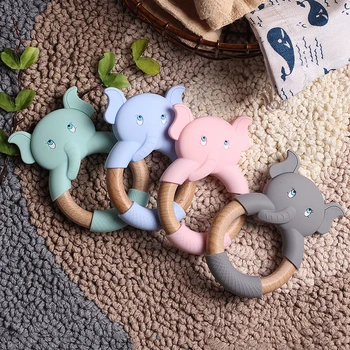 

1pc Baby Silicone Teether Cartoon Elephant Teething Toy Beech Wood Ring Infant Comfort Toys Baby Teether