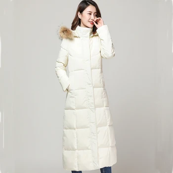 

White Winter Down Jacket Women Hooded Large Fur Collar Super Long Coat 2020 Warm Parka Woman Casacas Para Mujer KJ534