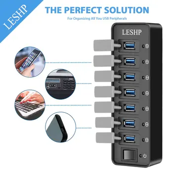 

10 Ports USB 3.0 Hub High Speed 5Gbps USB 3.0 Data Hub Splitter with LED & Switch External Power Adapter for PC Laptop US Plug