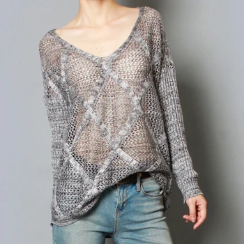 

Europe And America women's Sweaters 2020 Fashion Solid Hollow Knit v-neck diamond-shaped Lattice Pullover Loose 17067