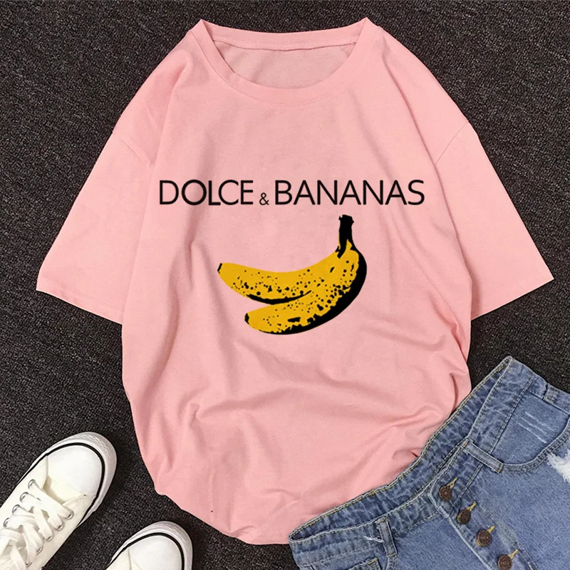 2020 New Summer DOLCE & BANANA Print T-Shirt Women O-Neck Short Sleeve Cute Cartoon T Shirt For Girls Students Lady Tops Tshirt