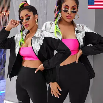 

Long Sleeve Women Autumn Winter Jackets Patchwork Black Silver Stitching Zipper Punk Loose Coat Jacket Tops