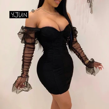 

Sexy Mesh Puff Sleeve Party Dress Women Low Collar Backless Patchwork Red Mini Dress Nightclub 2020 Spring Vestidos