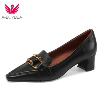 

2020 New Genuine Leather sheepskin insole women shoes inside and outside leather pumps Square Toe Slip-On retro shoes