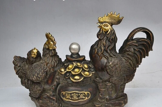 ---425+++ 13&quotChinese Bronze gilt wealth Treasure bowl Cock Rooster Chicken family statue | Дом и сад