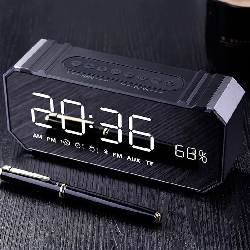 

Alarm Colck 10W Bluetooth Wireless Speaker FM Radio LCD Mirror Display Desktop Colck PUO88