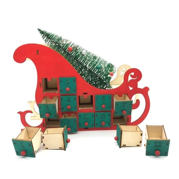 

Christmas Sleigh Tree Wooden Advent Calendar Countdown Xmas Party Decor 24 Drawers with LED Light Ornament