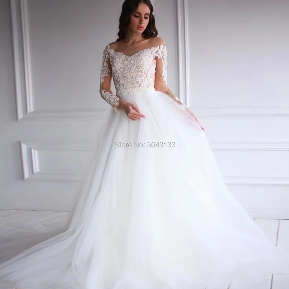 

Long Sleeves A Line Wedding Dresses Beaded Appliques Illusion V Neck Tulle Bridal Gowns Backless Floor Length Bride Dress 2020