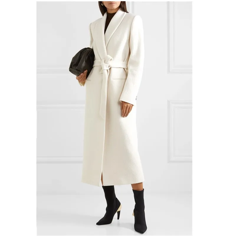 

2019 New Winter Women's Woolen Coat With Sashes Casual Single Button Wide-waisted Wool Blends Jacket Overcoat Solid X-Long Coats