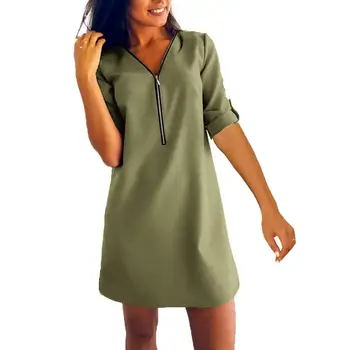 

Plus Size Solid Color Women Zipper V Neck Roll Up Long Sleeve Loose Mini Dress