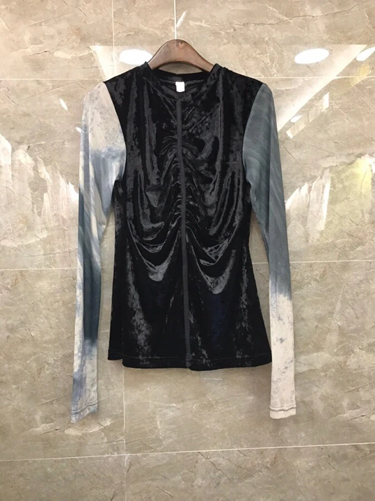 

Early Autumn 2019 New Women's Fashion Colour Splicing Long Sleeve Decorative Wrinkled Velvet Bottom Jacket 913