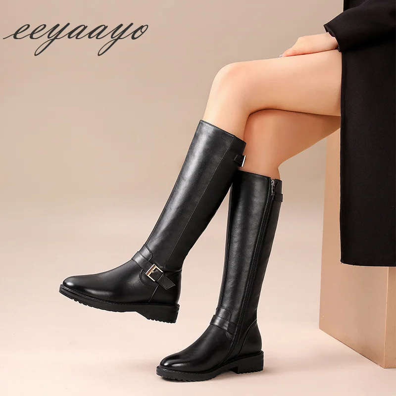 New Genuine Leather Winter Women Knee-High Boots Middle Heel Round Toe Zipper Fashion Women Shoes Black Motorcycle Boots