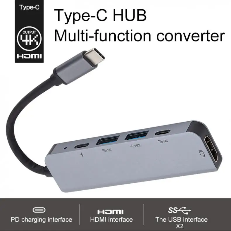 5 в 1 USBC концентратор HDMI 30 Гц RJ45 Ethernet Micro SDTF OTG адаптер + USB3.0 x 2 PD зарядка подходит для