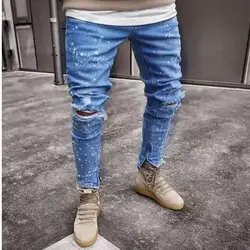 2019 мужские стильные рваные джинсы брюки байкерские узкие прямые потертые джинсовые брюки Новые Модные узкие джинсы мужская одежда