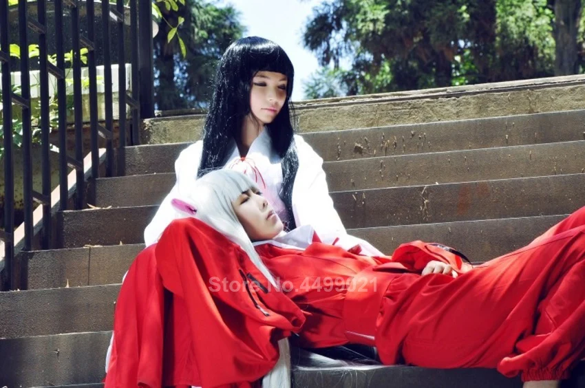 Женский карнавальный костюм Inuyasha kiyo на Хэллоуин, вечерние, белые, красные, с бантом, кимоно, платье, парик, Клог, набор носков, наряд