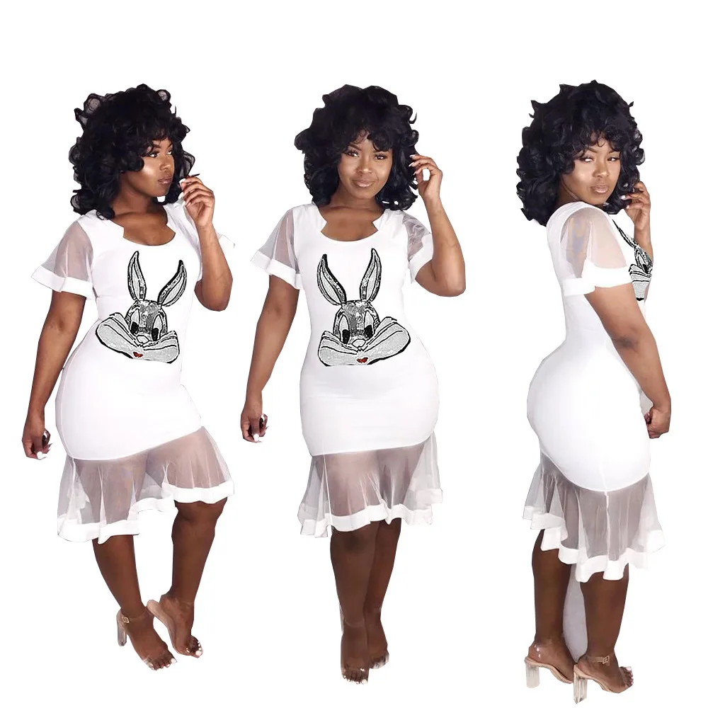 

Adogirl Cartoon Print Sheer Mesh Patchwork Casual Dress