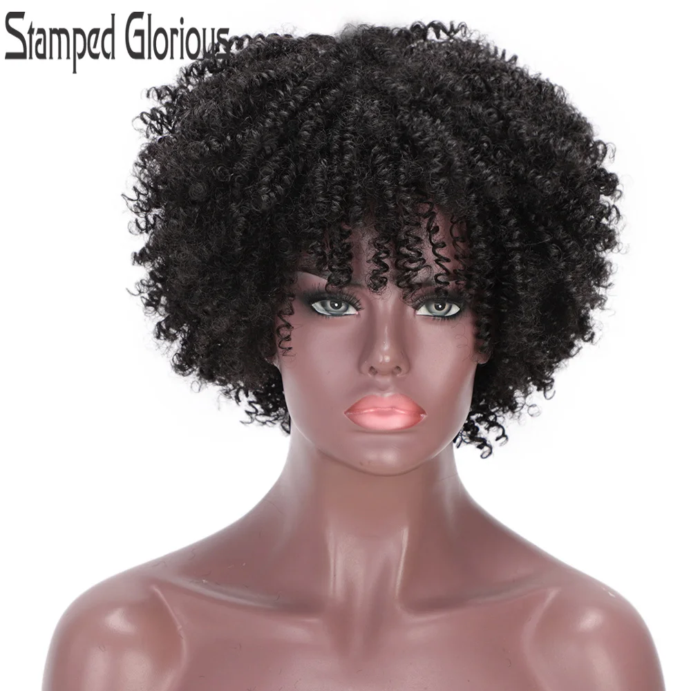 

Stamped Glorious Short Afro Curly Wig With Bangs Synthetic Natural Black Wig for Black Women Heat Resistant Fiber Hair