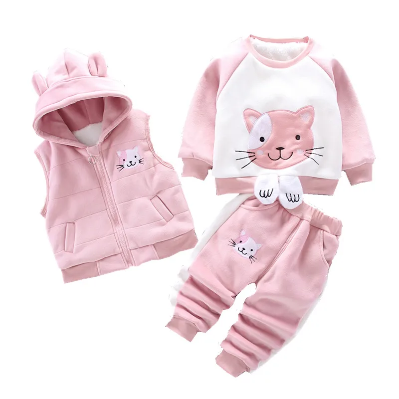 Высококачественная зимняя детская одежда; одежда для маленьких девочек с героями мультфильмов; плотный теплый костюм; детская одежда; костюм из 3 предметов для девочек